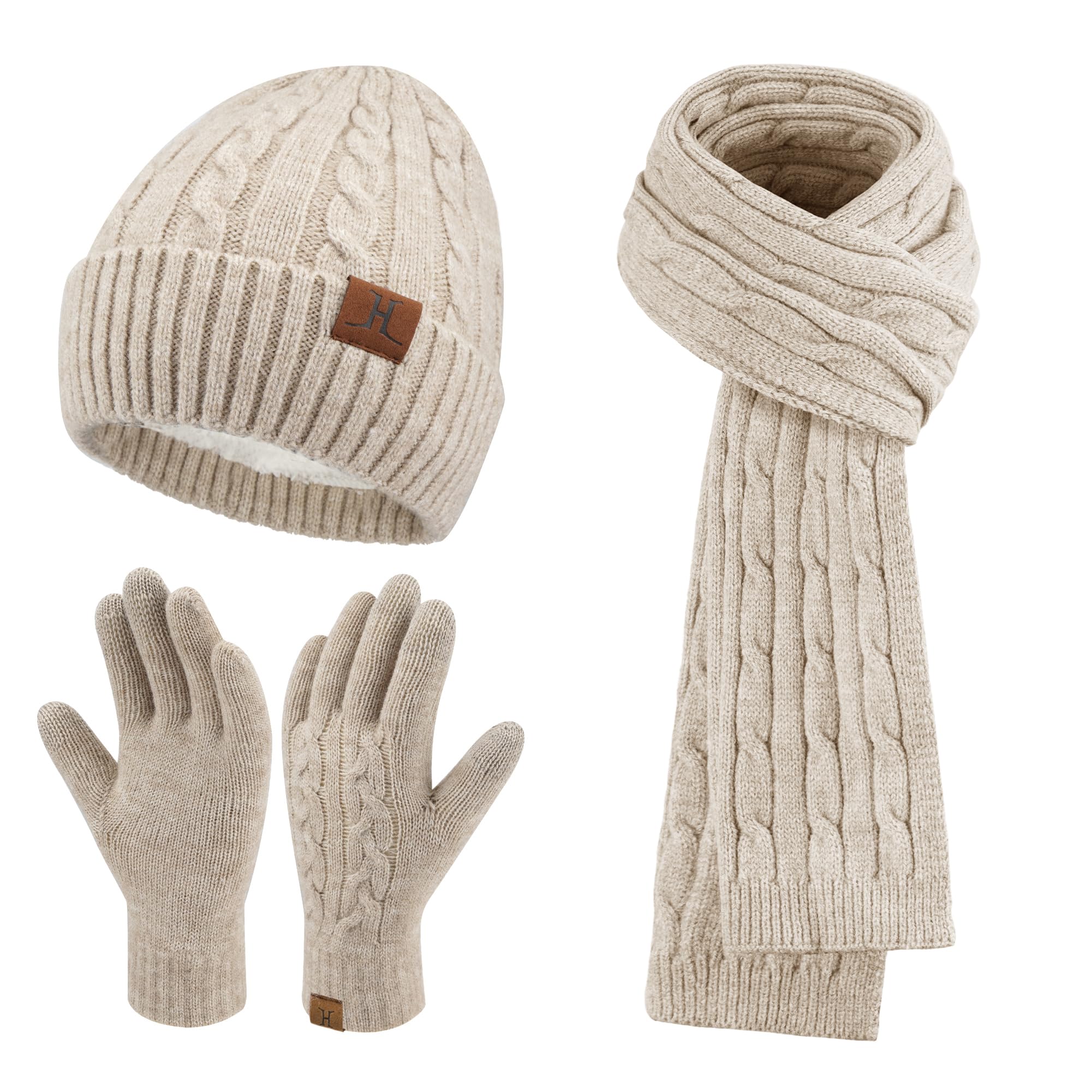 Womens Winter Beanie Hats Long Scarf Touchscreen Gloves Set Warm Knit Skull Caps Gifts for Women